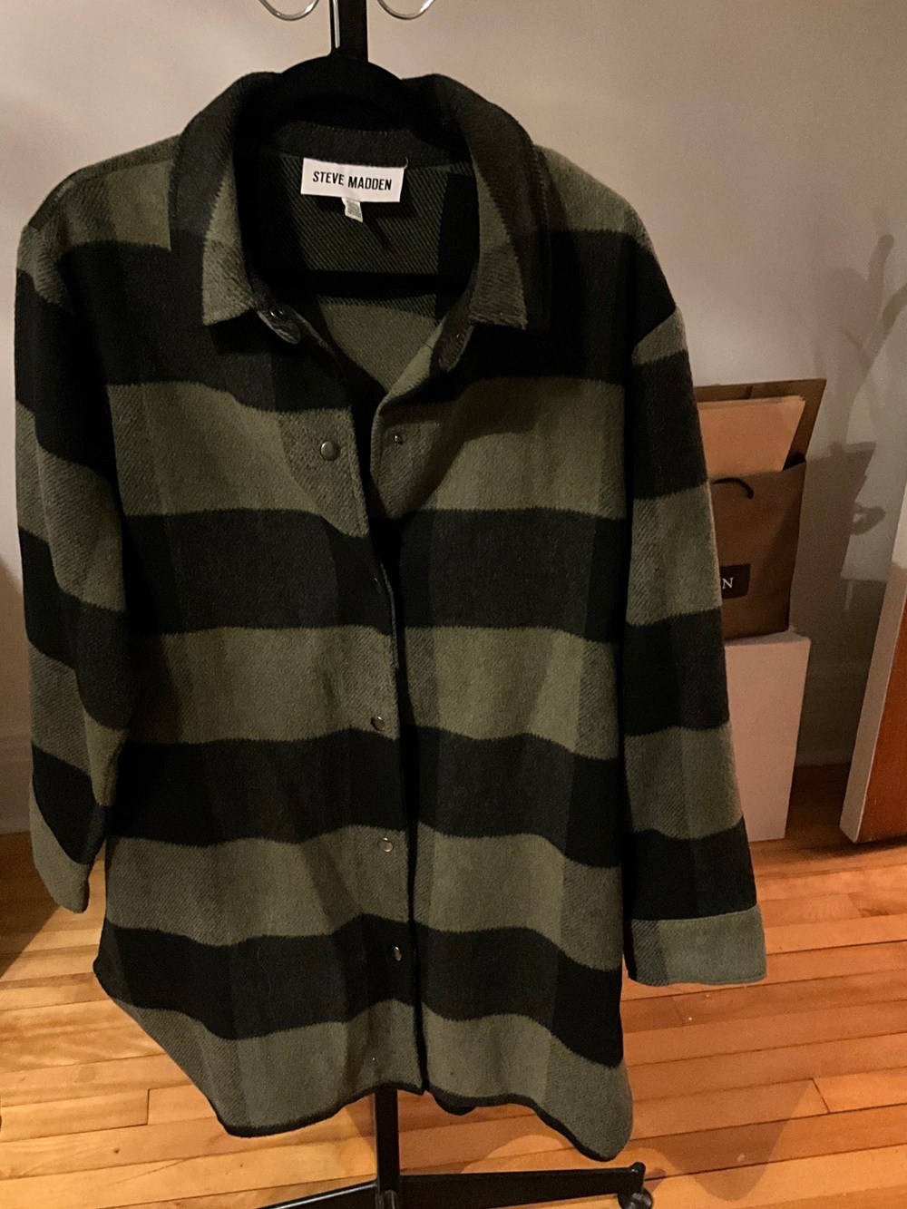 Steve Madden Olive Green and Black Striped Button-Front Shirt